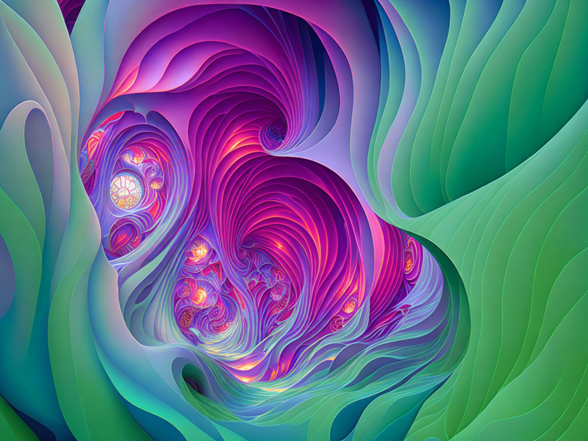 Colorful Abstract Digital Artwork with Swirling Purple, Green, and Orange Patterns