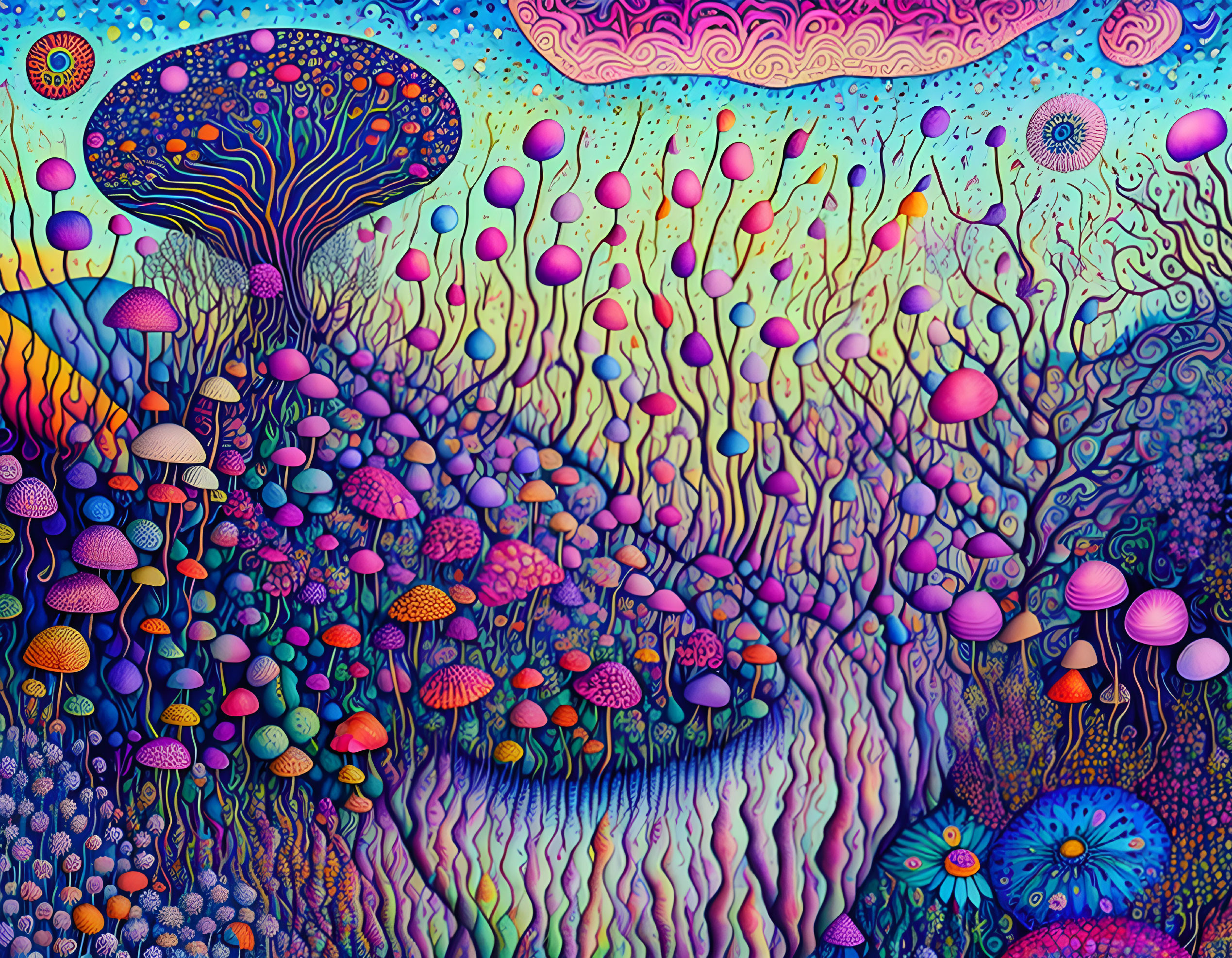 Colorful Psychedelic Mushroom Patterns in Dreamlike Landscape