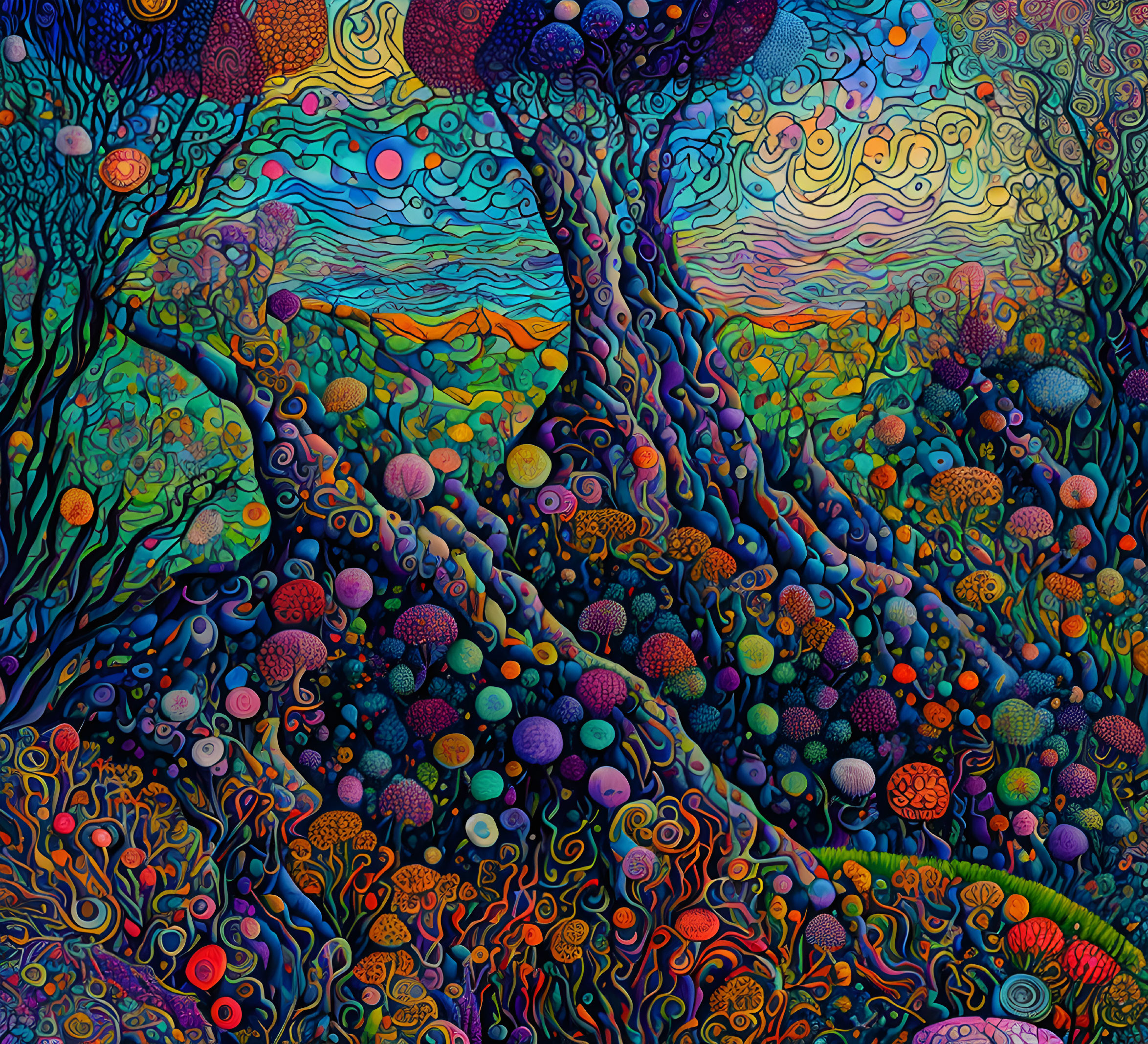 Colorful Psychedelic Forest with Twisted Trees & Swirling Patterns