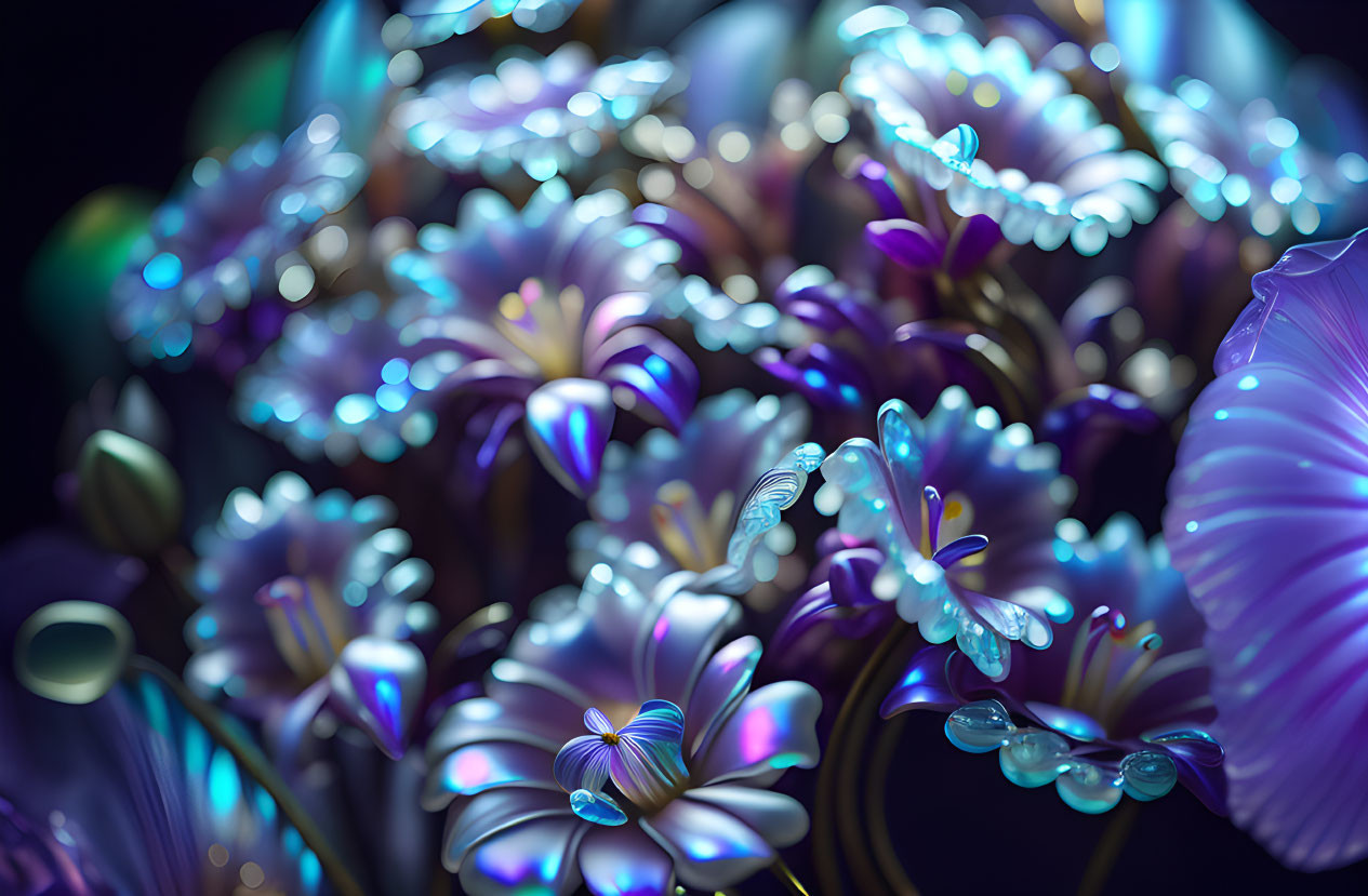 Vibrant iridescent flowers in deep blue and purple hues on dark background