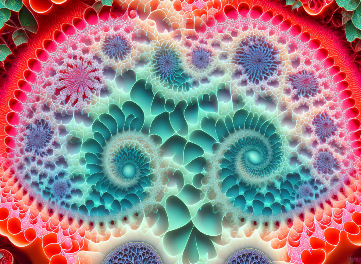 Colorful Spiraling Fractal Pattern in Blue, Red, and Pink