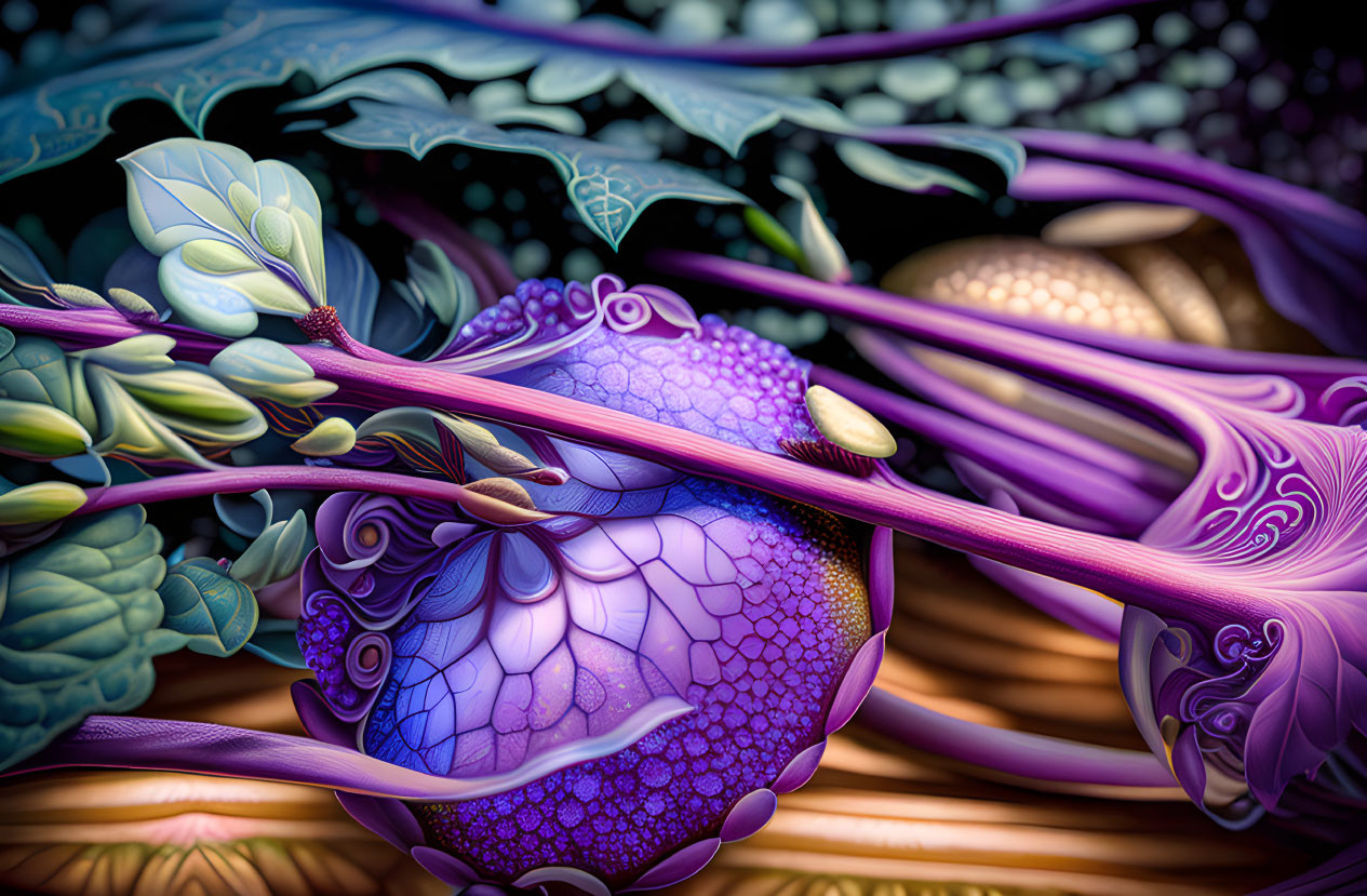 Detailed Purple Sphere Artwork with Organic Shapes & Floral Elements