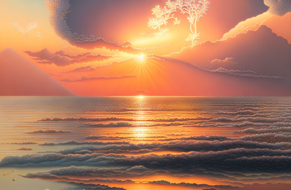 Vibrant orange sunset with ocean wave clouds and pyramid silhouette