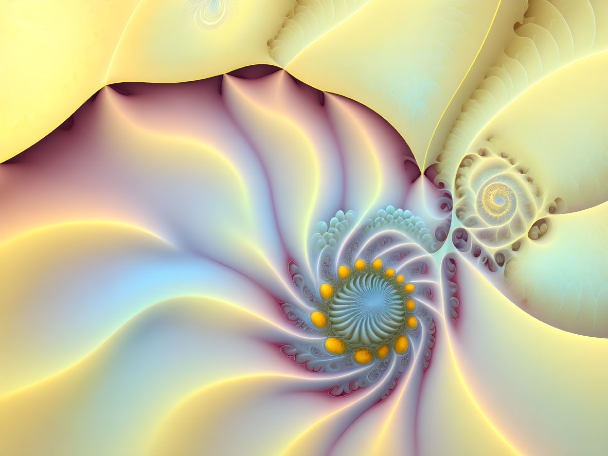 Pastel Yellow and Purple Fractal Art with Swirling Patterns