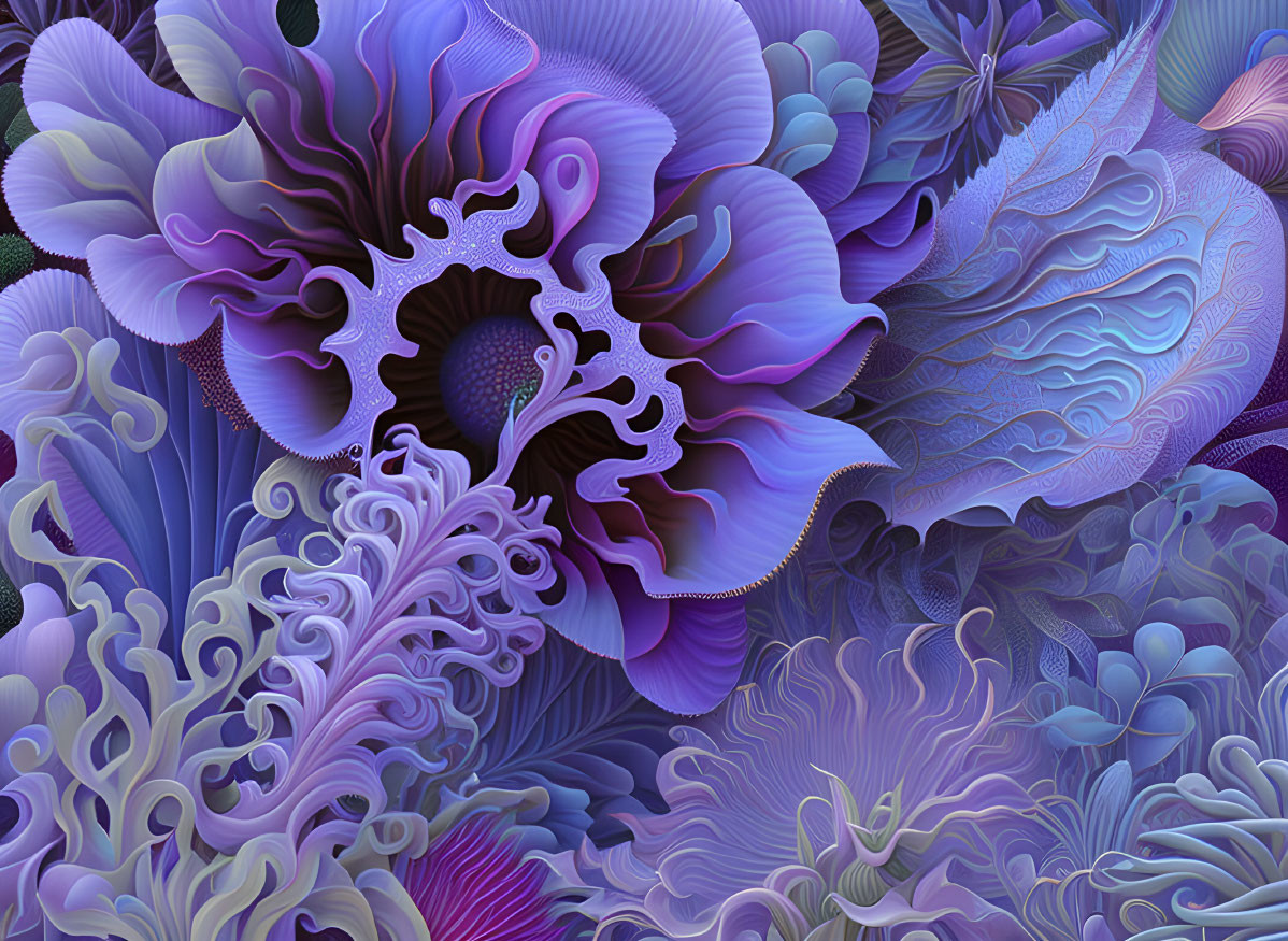 Abstract Floral Fractal Art in Purple, Blue, and Violet