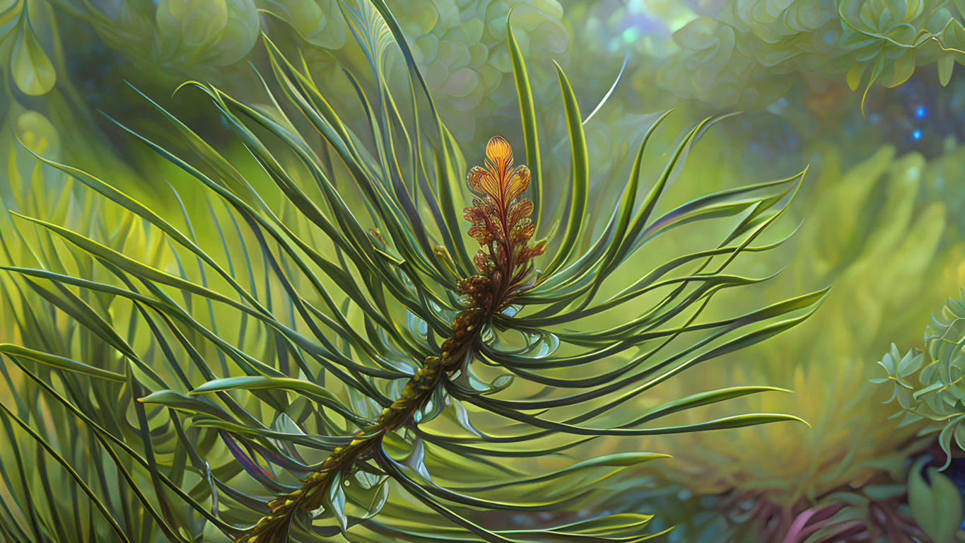 Detailed close-up of pine needles and new growth against soft green foliage.