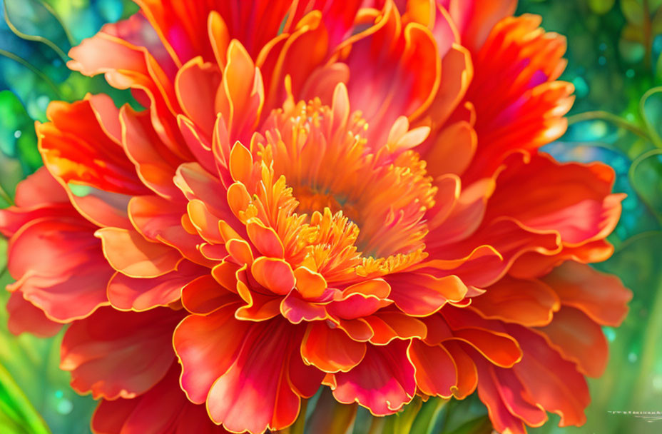 Vibrant orange and yellow marigold with detailed petals on blurred green background