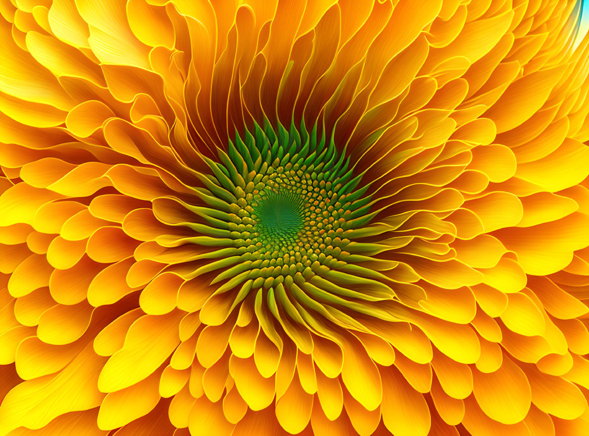 Vibrant orange flower with green center and fractal-like petals.