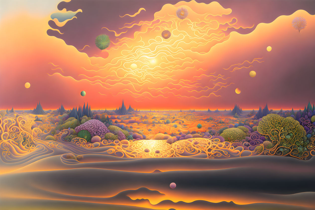 Surreal landscape with fantastical trees and floating orbs under orange sky