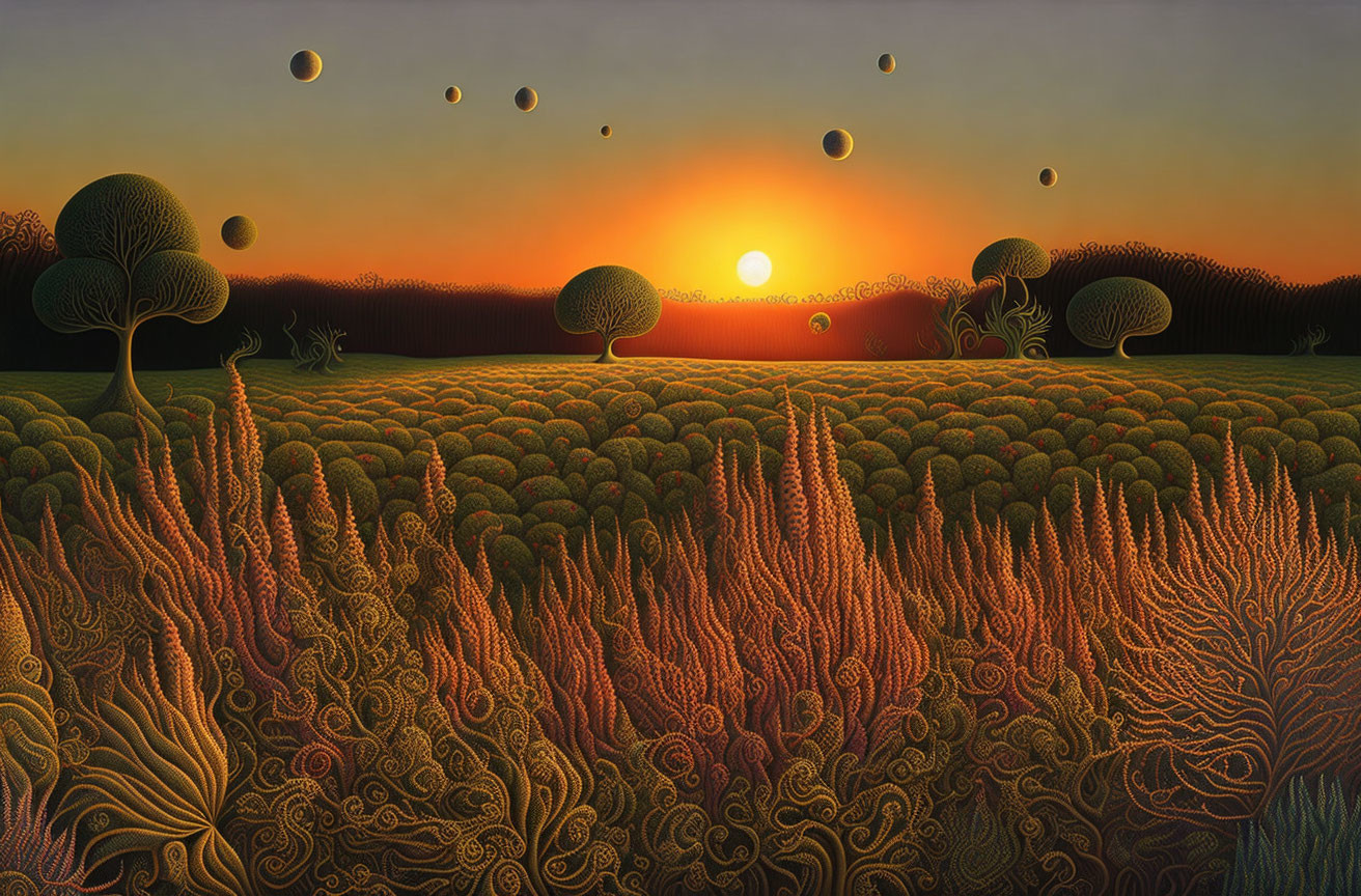 Surreal sunset landscape with stylized trees, plants, and multiple moons