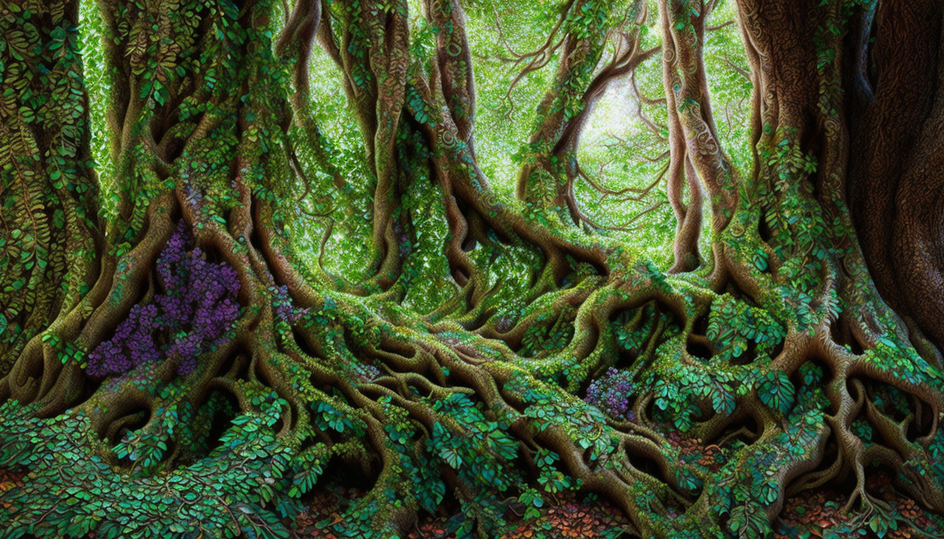 Enchanting forest with intertwining roots and vibrant flora