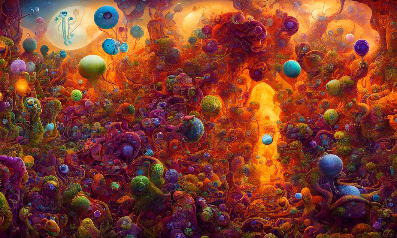 Colorful Surreal Landscape with Organic Shapes and Neon Orbs