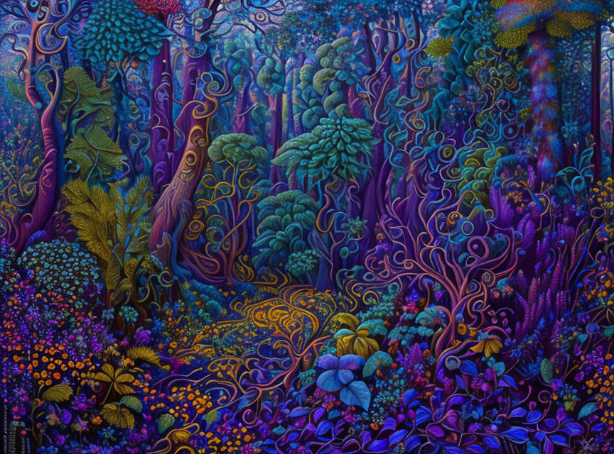 Colorful Psychedelic Forest with Intricate Trees & Plants