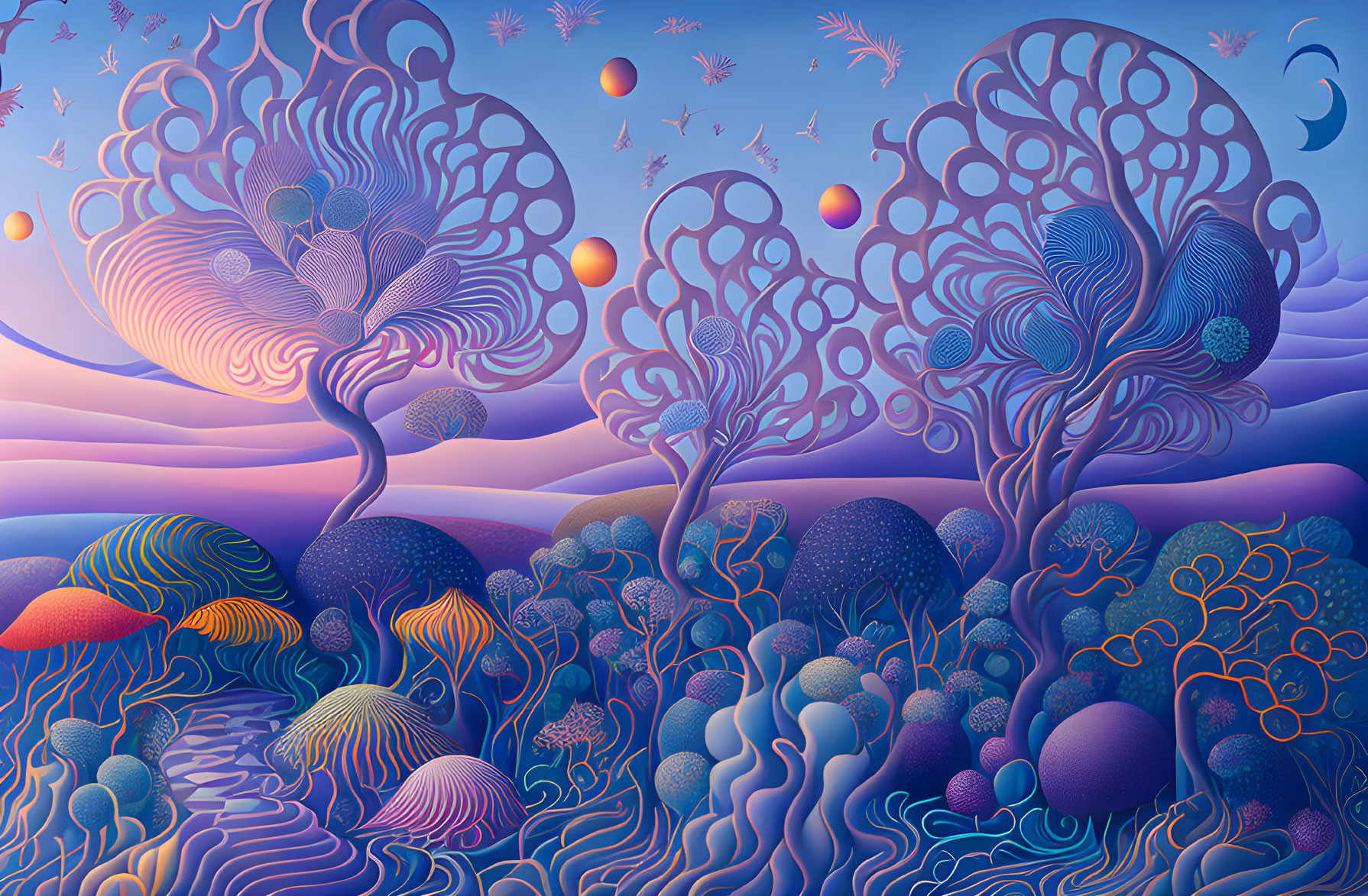 Surreal landscape with stylized trees, hills, mushrooms, and celestial elements