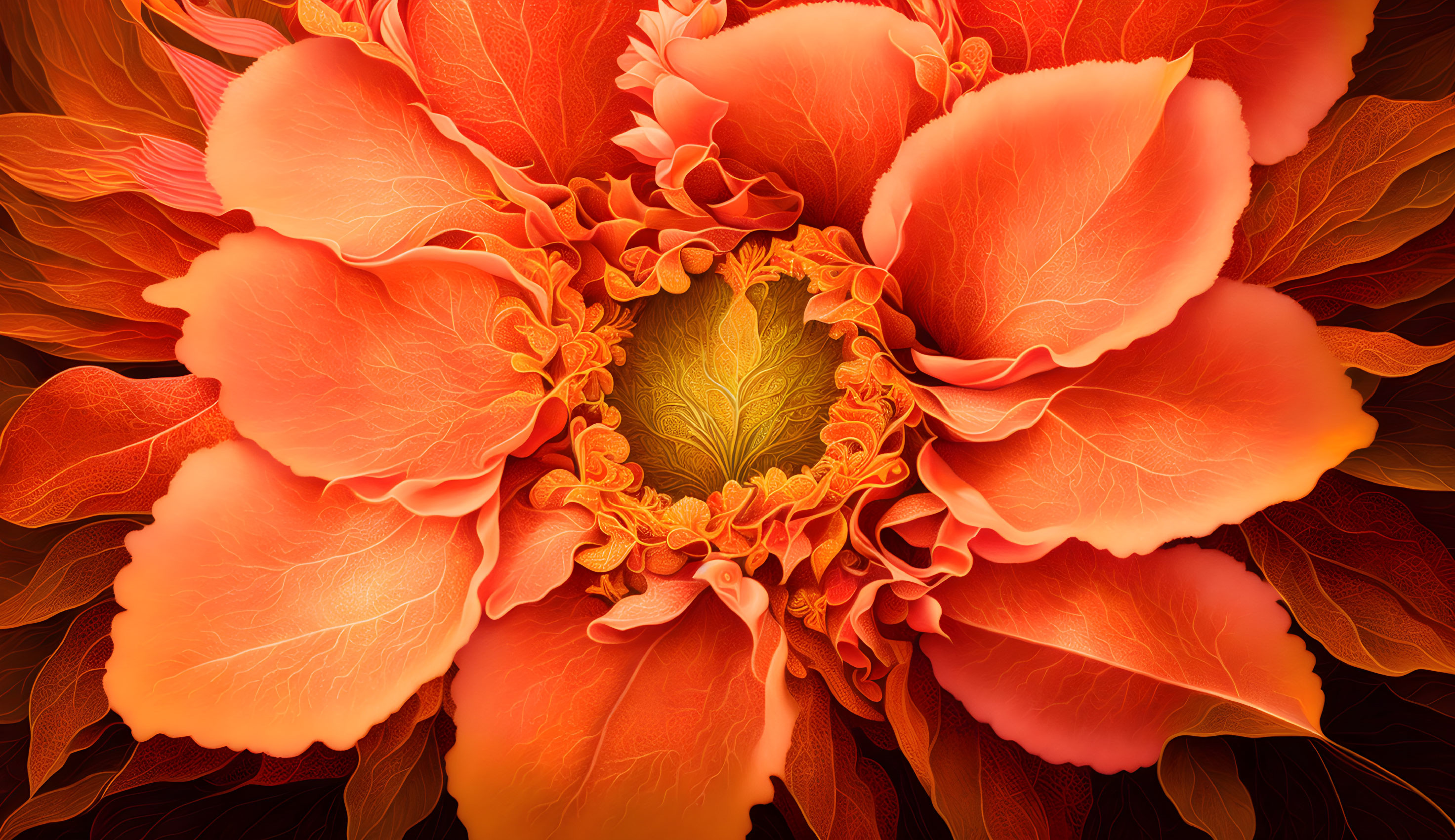 Blooming flower with vibrant orange and red petals and intricate textures