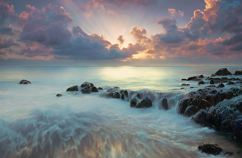 Sunlit dramatic seascape with rocky shore and rushing waves