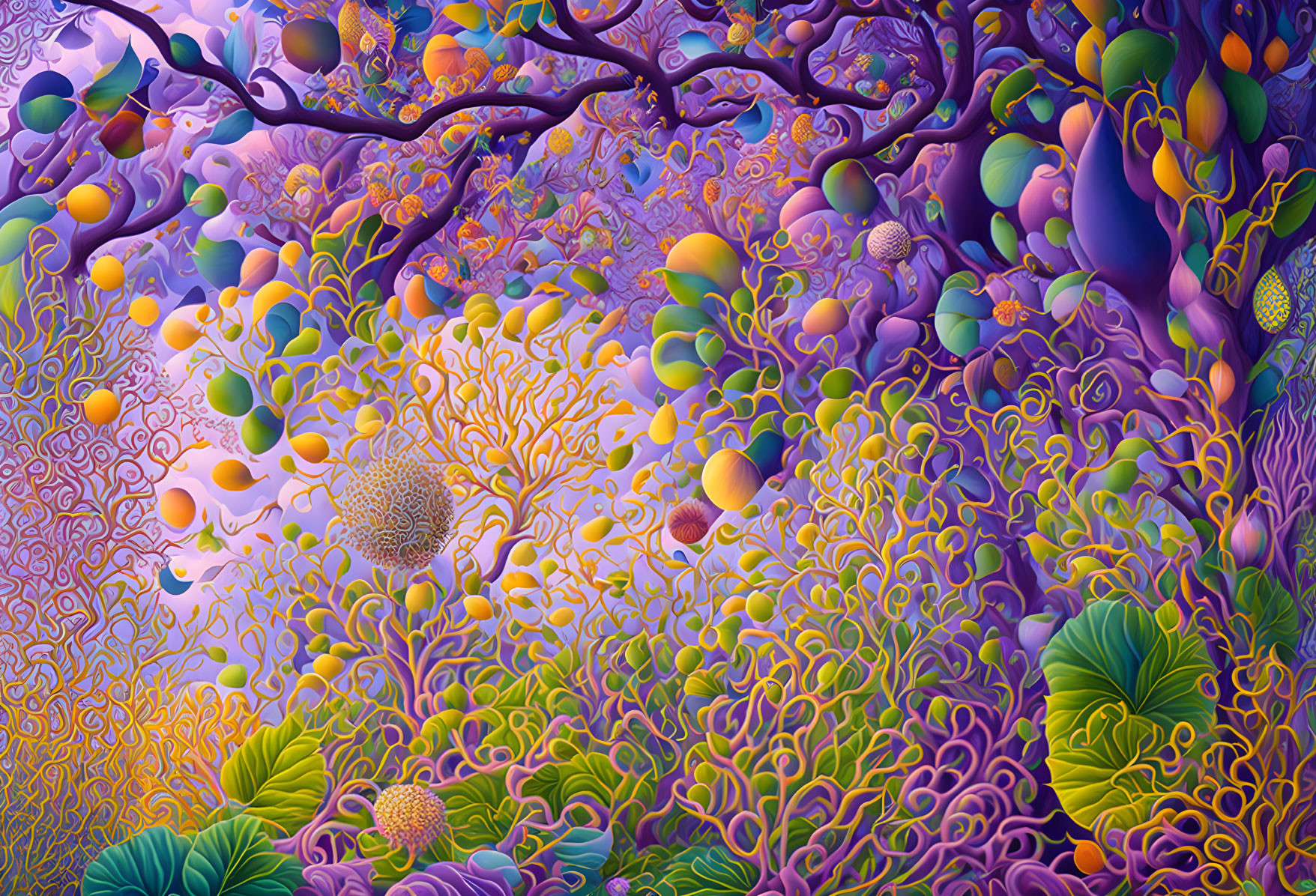 Colorful surreal landscape with twisted purple trees and fruit-like shapes