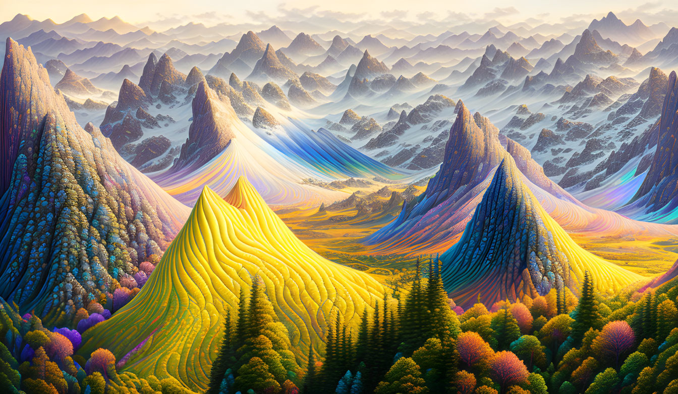 Colorful Surreal Landscape with Flowing Hills and Sharp Peaks