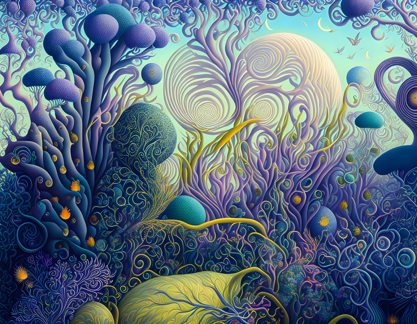 Vibrant surreal landscape with swirling trees and whimsical flora