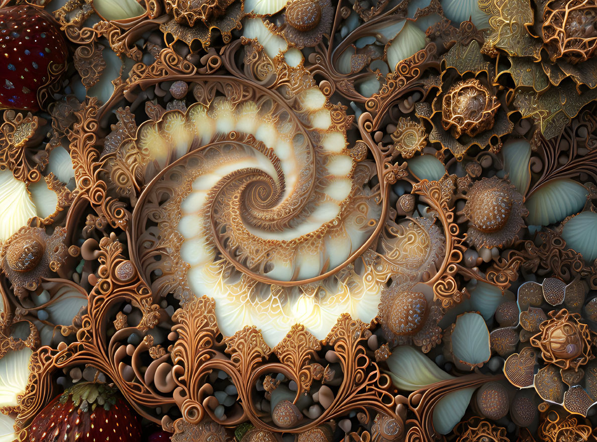 Intricate Fractal Design with Spiral Patterns and Golden Brown Hues