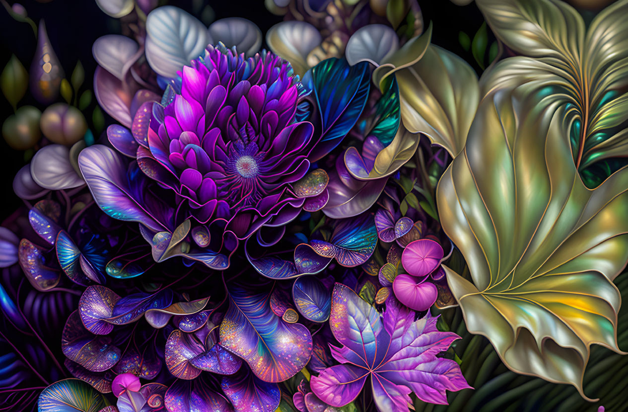 Colorful digital artwork of luminescent flowers and intricate plant designs