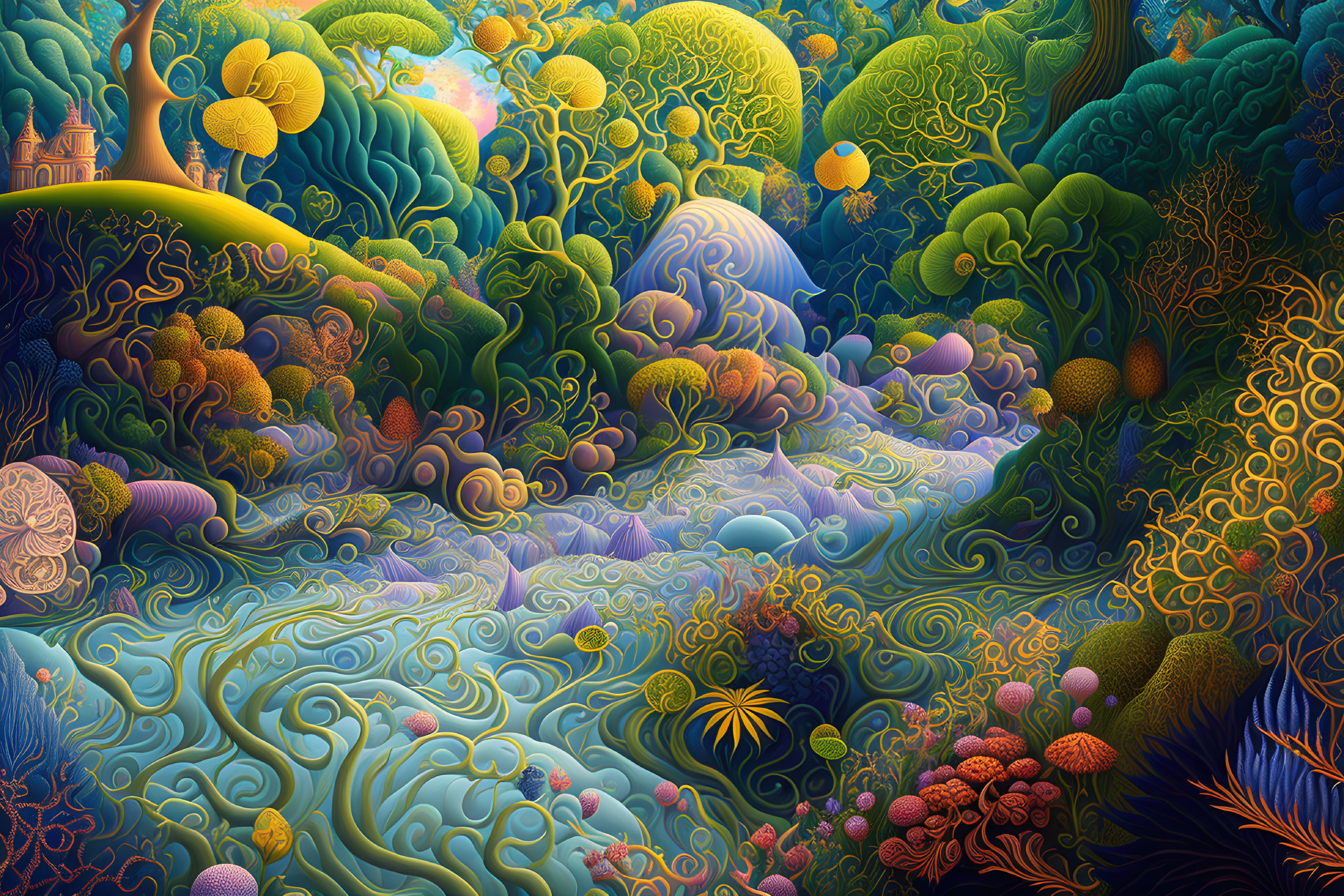 Surreal landscape with vibrant flora patterns in blue, green, and gold