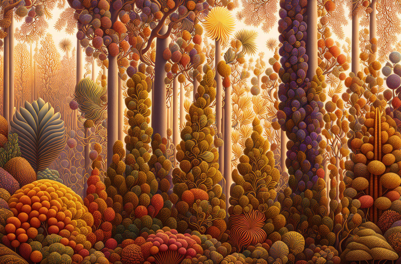 Vivid surreal forest with detailed, stylized trees & patterns