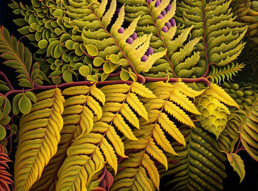 Detailed Fractal Fern Leaves in Green and Yellow with Purple Accents