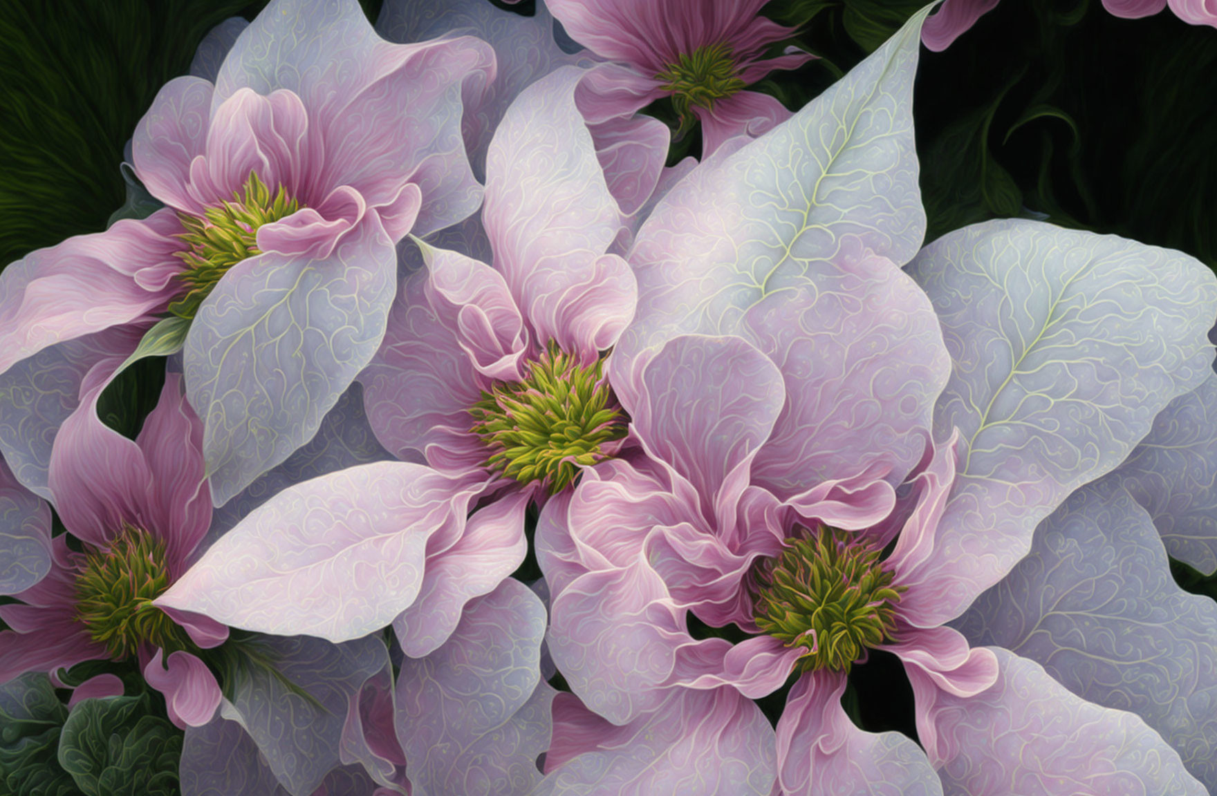 Pink flowers with delicate petals and green centers on a dark leafy background