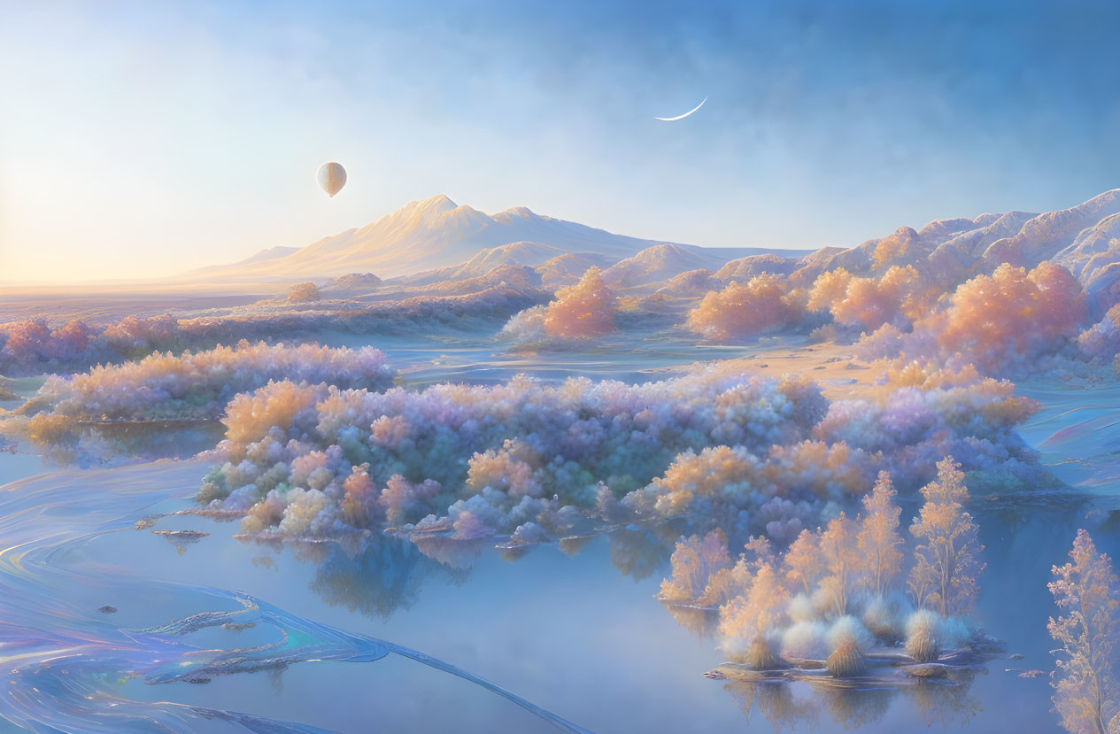 Tranquil landscape with hot air balloon over pastel trees, reflective waters, and snow-capped