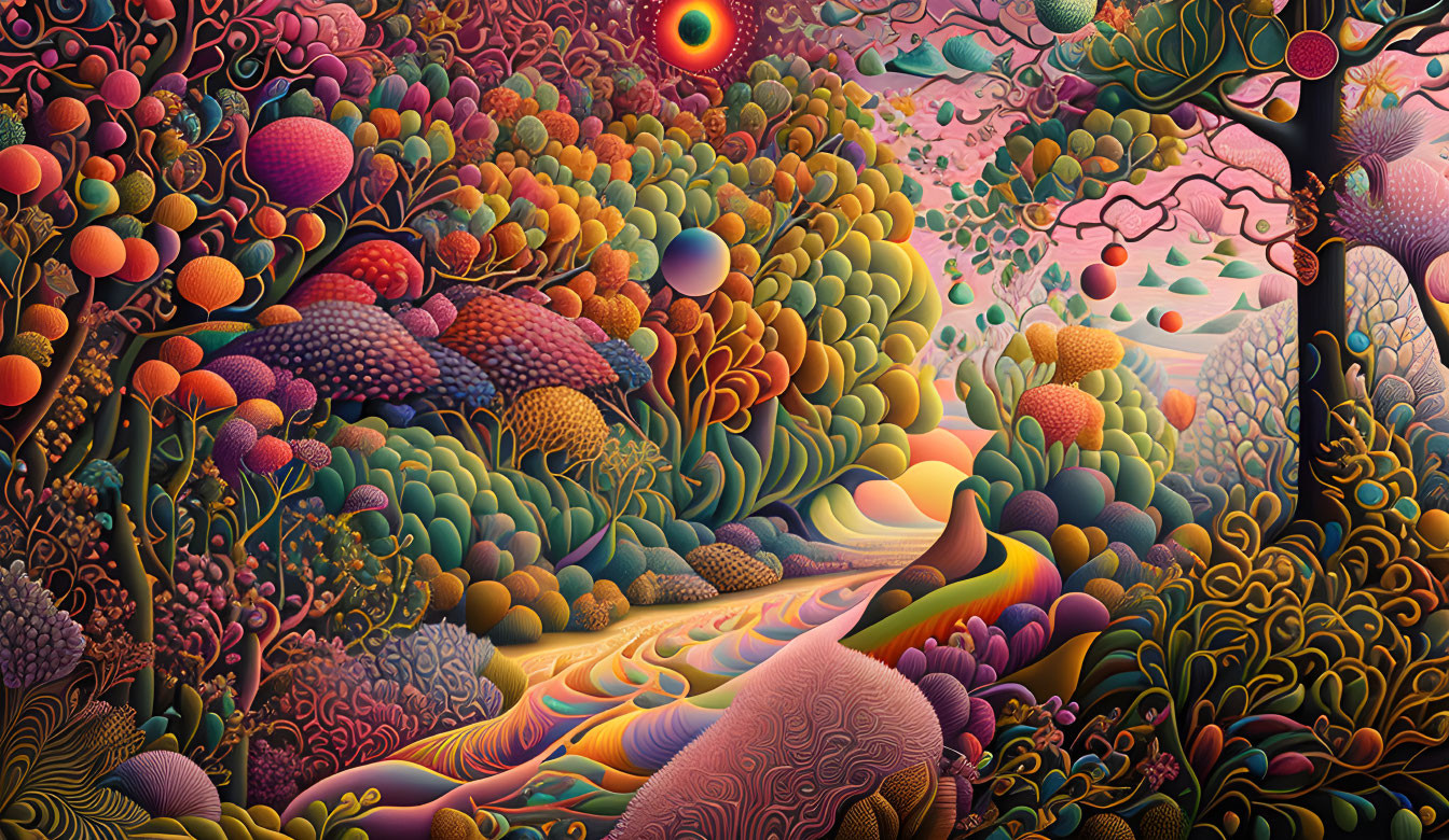 Colorful psychedelic landscape with stylized trees, plants, and orbs under a sunset sky.