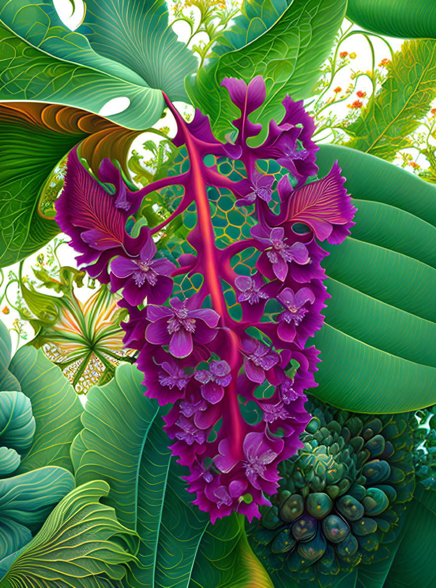 Colorful digital artwork: Central structure with purple orchid-like blooms and lush green tropical leaves.