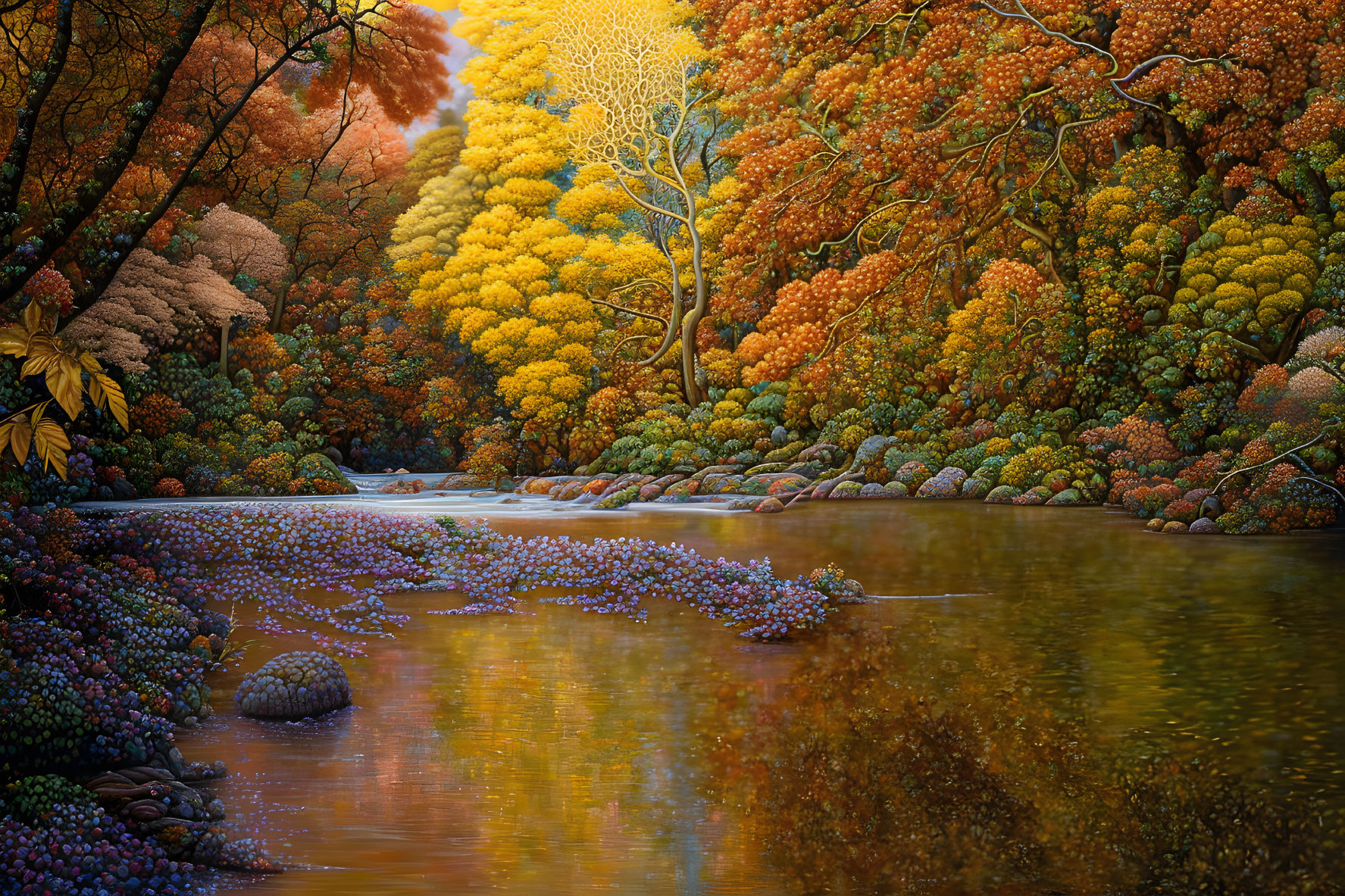 Tranquil river in vibrant autumn forest with colorful trees.