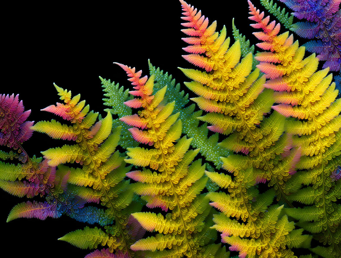 Vibrant Fractal Fern Leaf Patterns in Yellow-Green to Blue-Purple