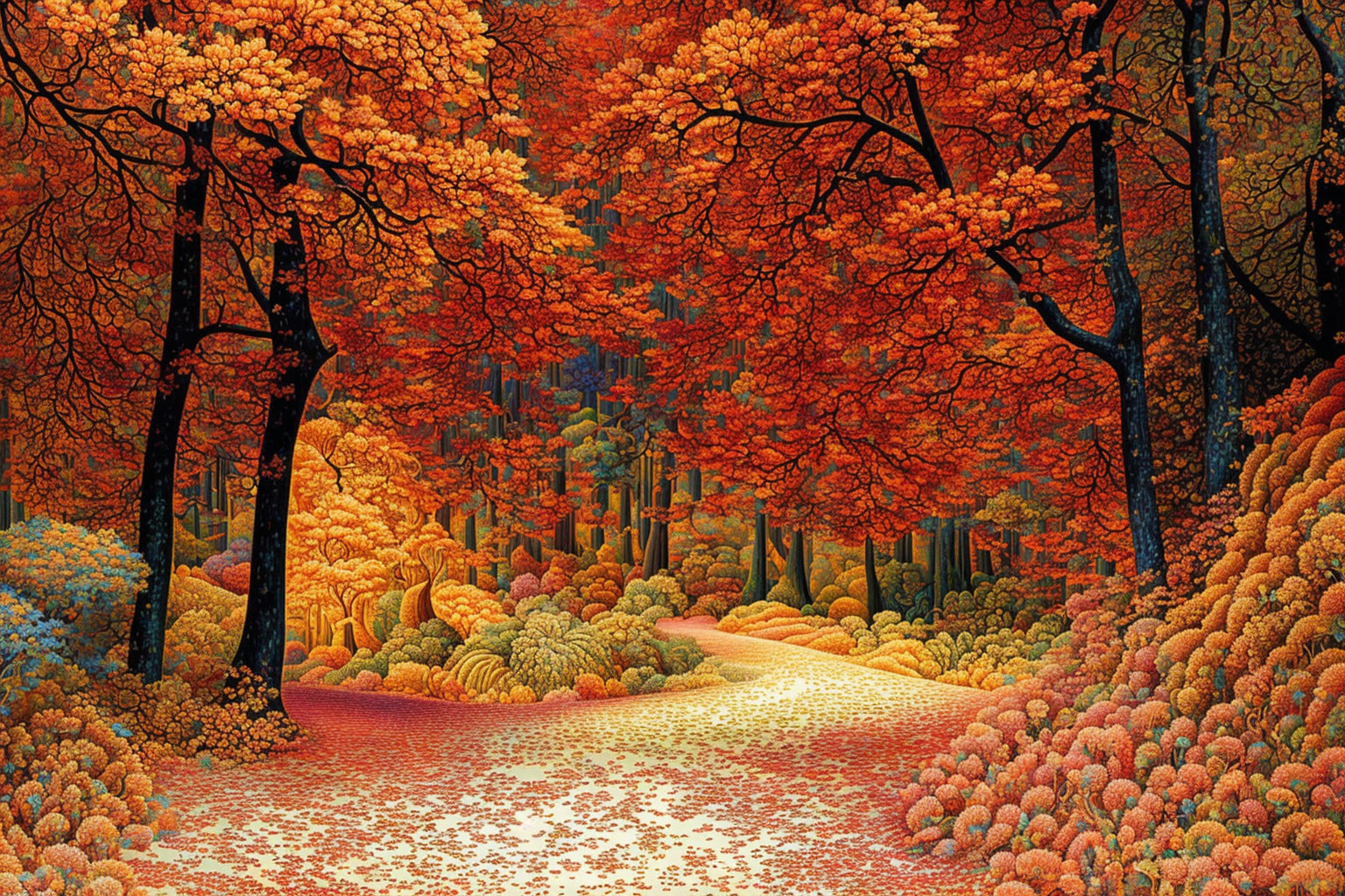 Colorful Autumn Forest with Fallen Leaves and Diverse Foliage