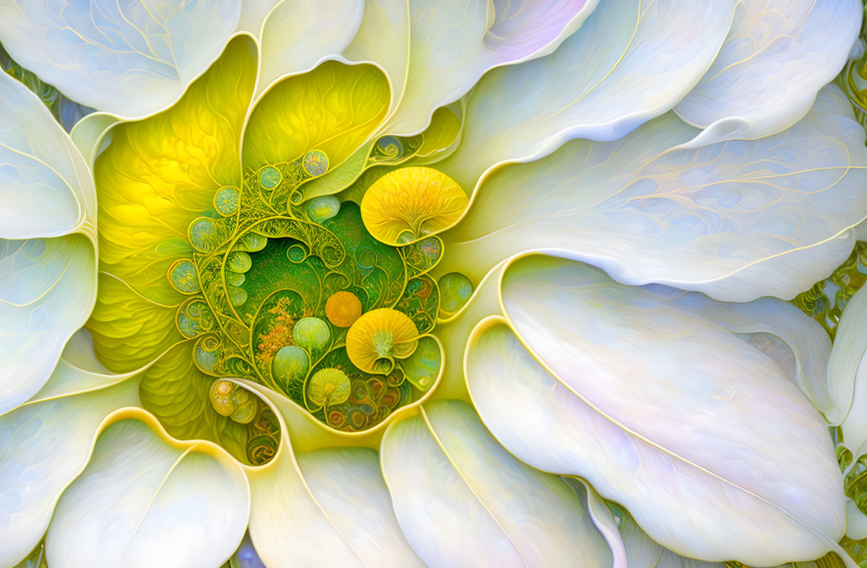 Fractal flower digital artwork with intricate green and yellow hues