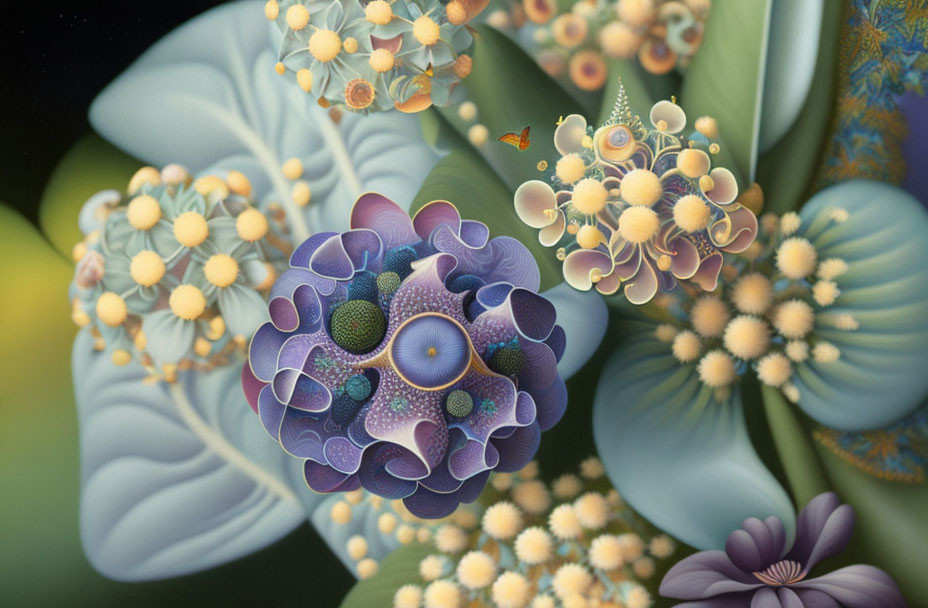 Colorful digital artwork: intricate fractal flowers in blue, purple, and yellow.