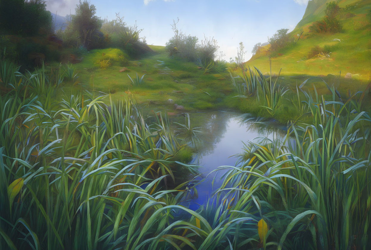 Tranquil pond surrounded by lush greenery and tall grasses