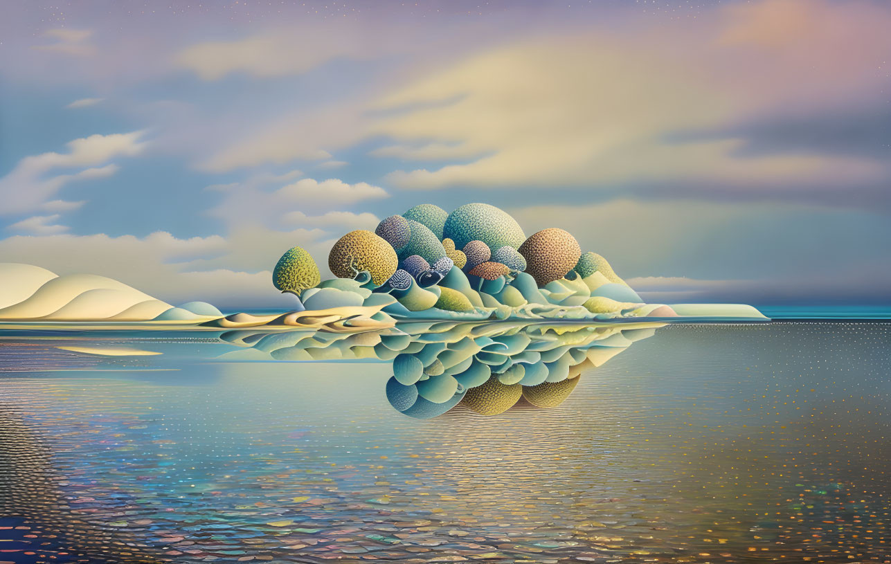 Stacked Patterned Spheres on Reflective Water Landscape