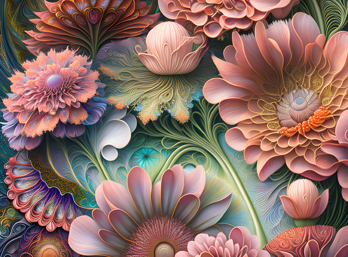 Detailed digital floral art with vibrant blooms and intricate patterns