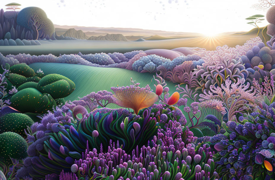 Colorful surreal landscape with stylized flora, rolling hills, and radiant sunrise