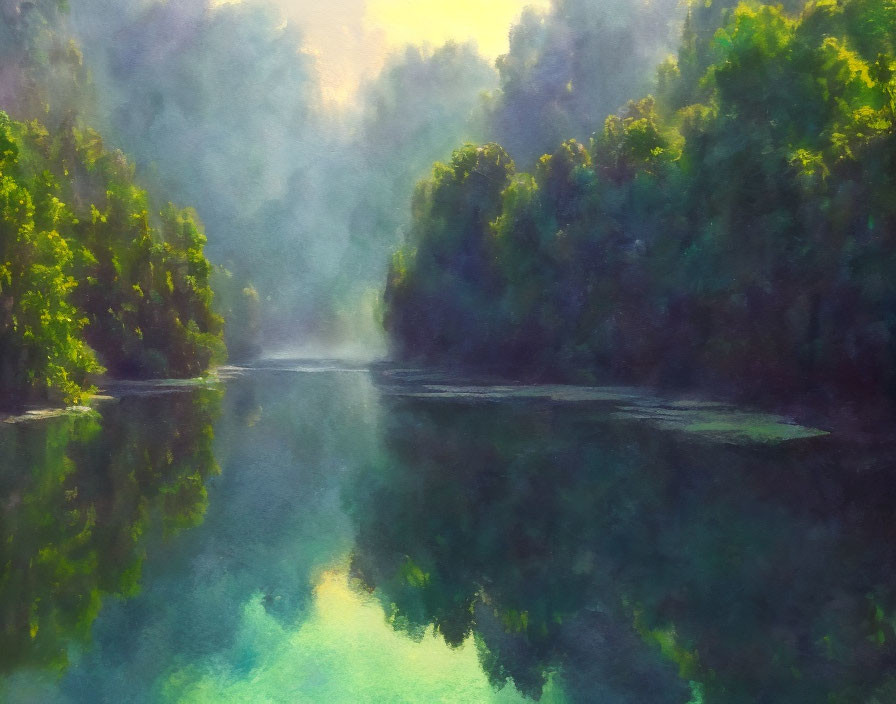 Tranquil forest river scene with mist and soft light