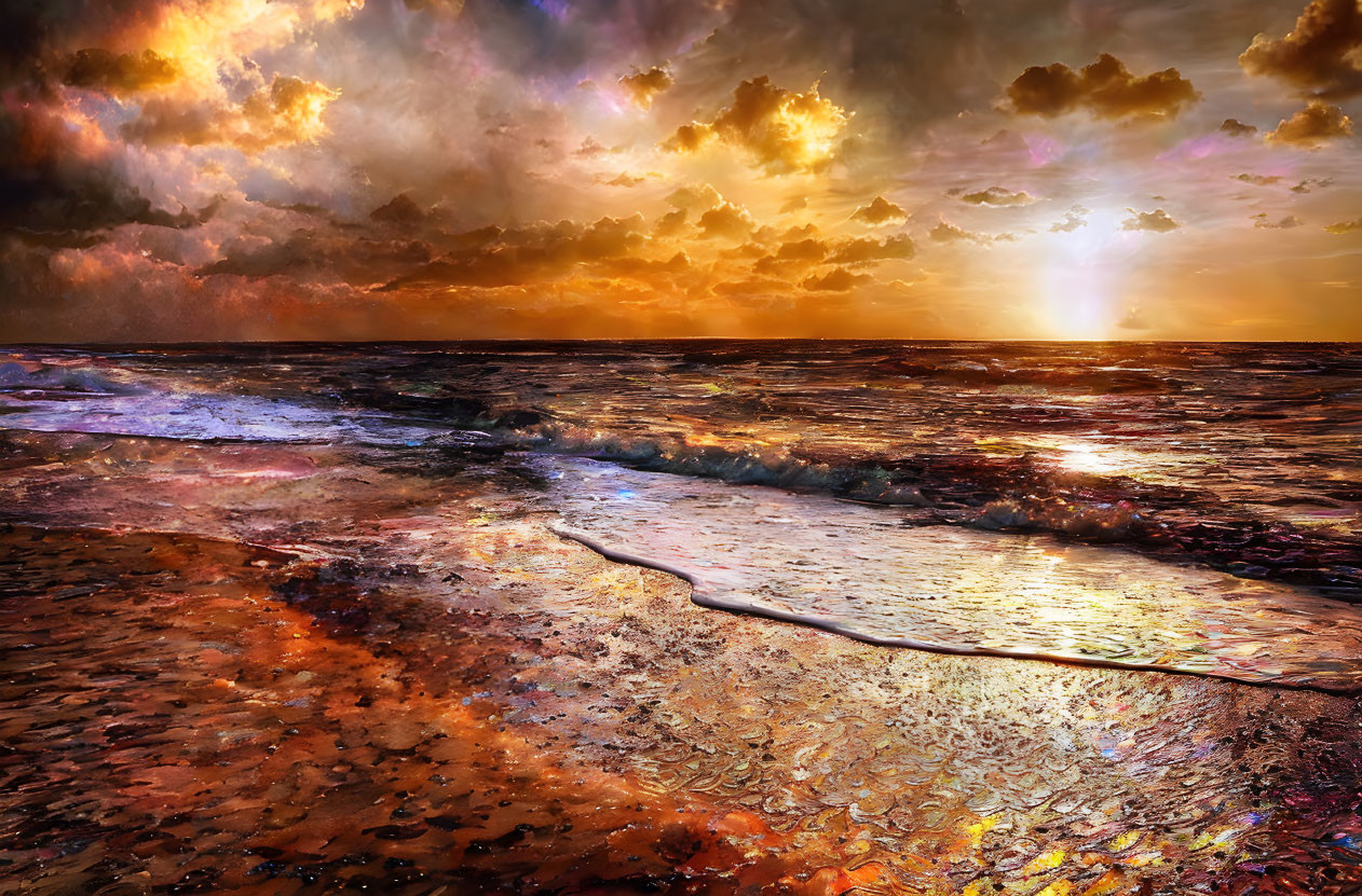 Scenic ocean sunset with warm-colored clouds and rippled water