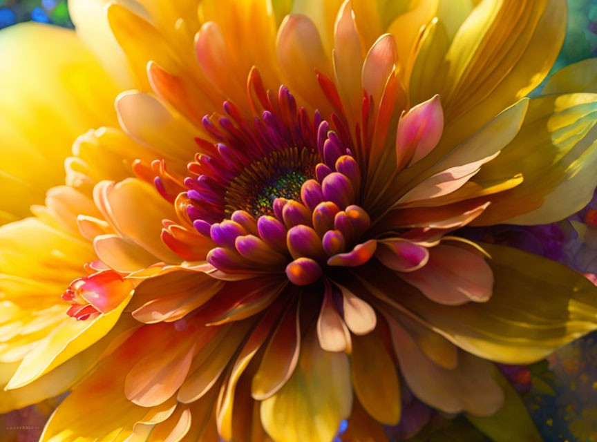 Colorful close-up of yellow and orange flower with purple tips and textured center