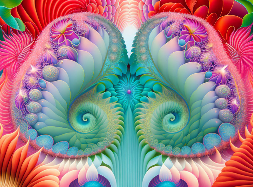 Colorful Symmetrical Fractal Patterns with Spirals and Florals