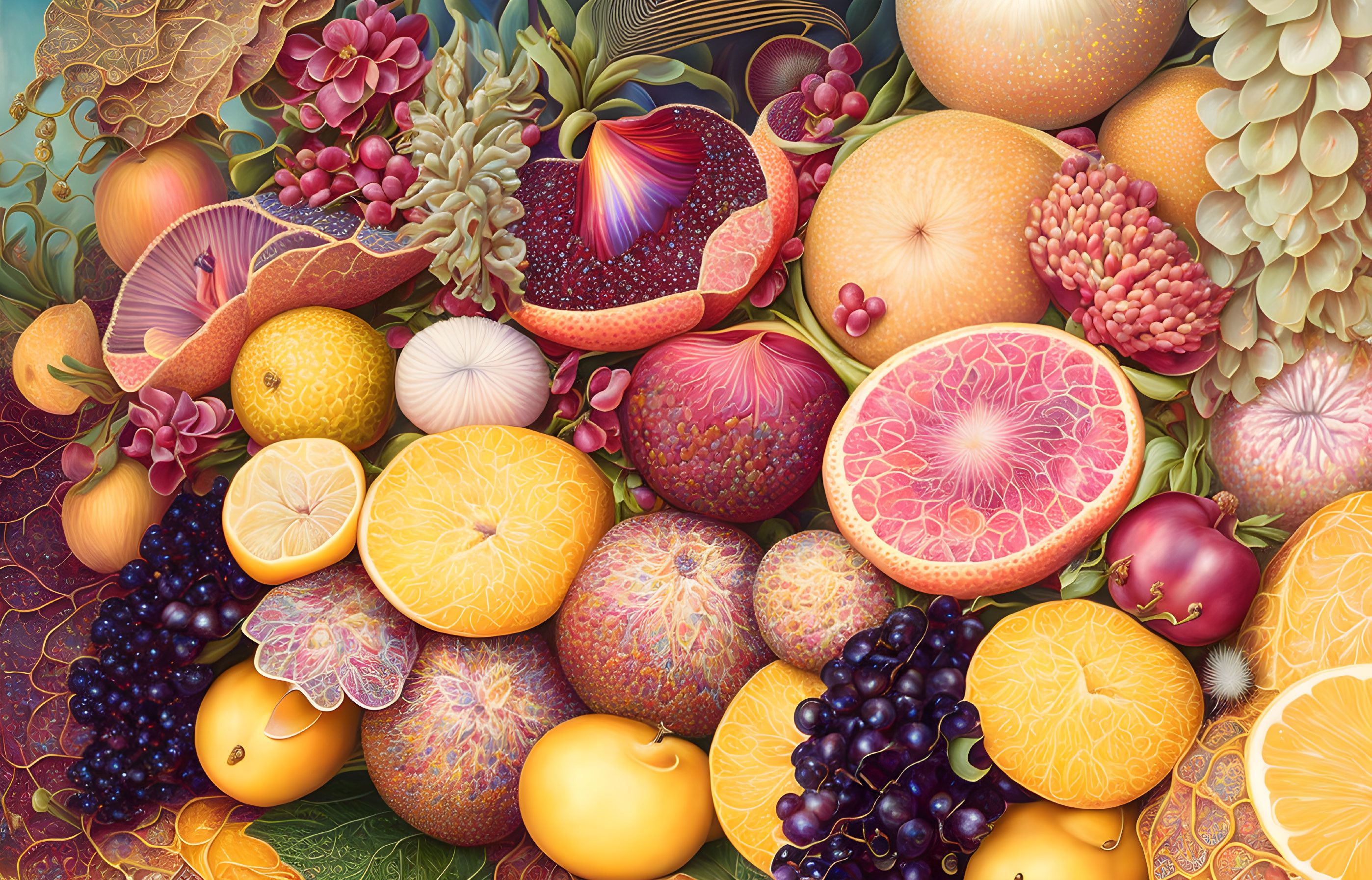 Assorted Fruits Display: Figs, Oranges, Grapes, Pomegranates