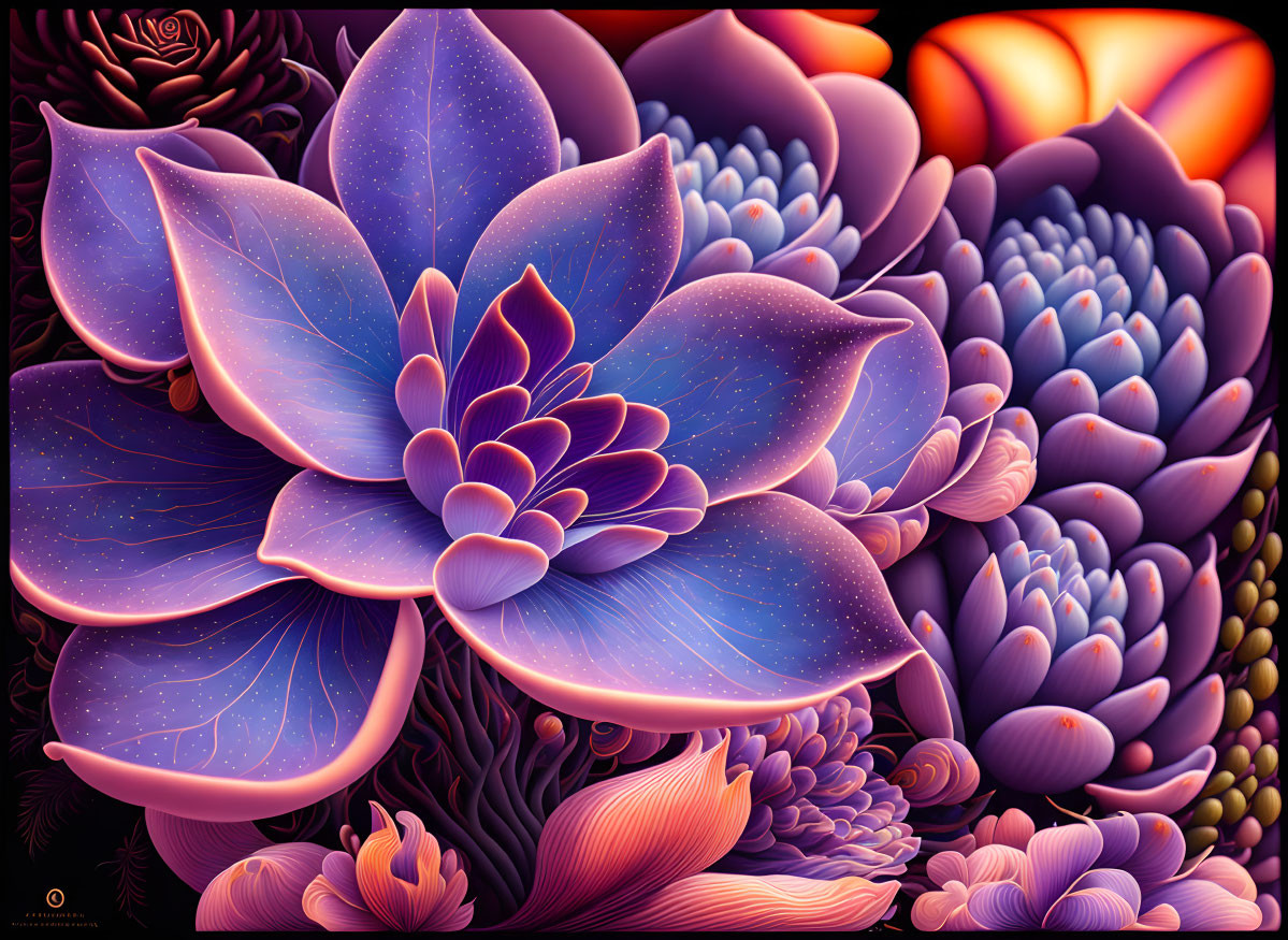 Vibrant digital artwork: Purple and pink flowers on cosmic background