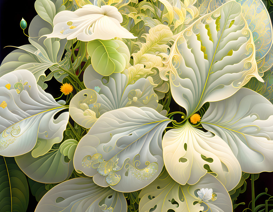 Detailed digital artwork of white and pale green flowers with golden filigree on dark backdrop