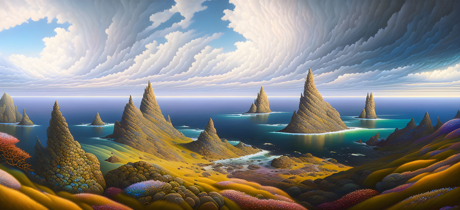 Vibrant surreal landscape: colorful hills, rock formations, dynamic clouds