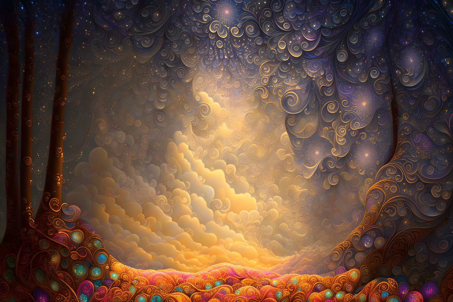 Colorful digital artwork with swirling patterns and cosmic theme.